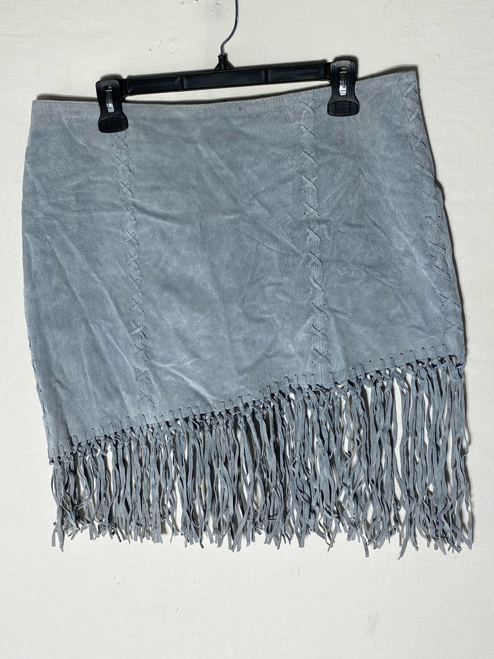 Vintage 90s Y2K Originaux Par Pablo Low Rise Blue Grey Suede Mini Skirt W Fringe